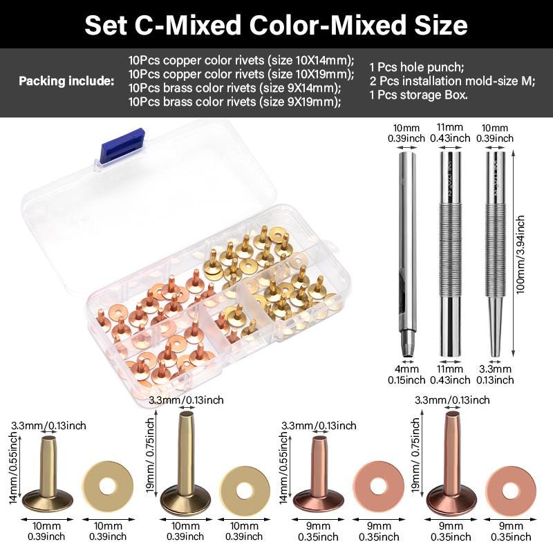 43 Pcs Pure Copper Rivets and Burrs,4 Sizes Set Solid Brass Studs ...