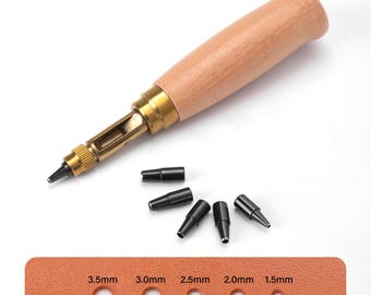 Adjustable Screw Hole Punch Tool Belt Leather Hole Punching Interchangeable Heads Wooden Handle Puncher With 6 Size Tips