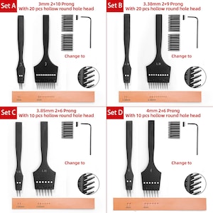 May include: Four sets of leather hole punch tools with different sizes and prongs. Each set includes a punch tool, a set of replacement prongs, and a wrench. The sets are labeled Set A, Set B, Set C, and Set D. The punch tools are black and have a handle with a round head. The prongs are silver and are arranged in a row on a white background. The wrench is red and has a handle with a black grip.