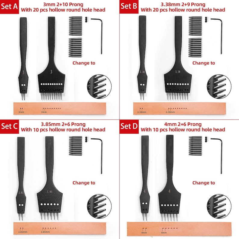 May include: Four sets of leather hole punch tools with different sizes and prongs. Each set includes a punch tool, a set of replacement prongs, and a wrench. The sets are labeled Set A, Set B, Set C, and Set D. The punch tools are black and have a handle with a round head. The prongs are silver and are arranged in a row on a white background. The wrench is red and has a handle with a black grip.
