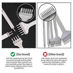 May include: A side-by-side comparison of two leather stitching tools. The tool on the left has a fine polished prong, while the tool on the right has a blunt and unpolished prong. The text "Our brand" and "Other brand" is displayed below each tool.