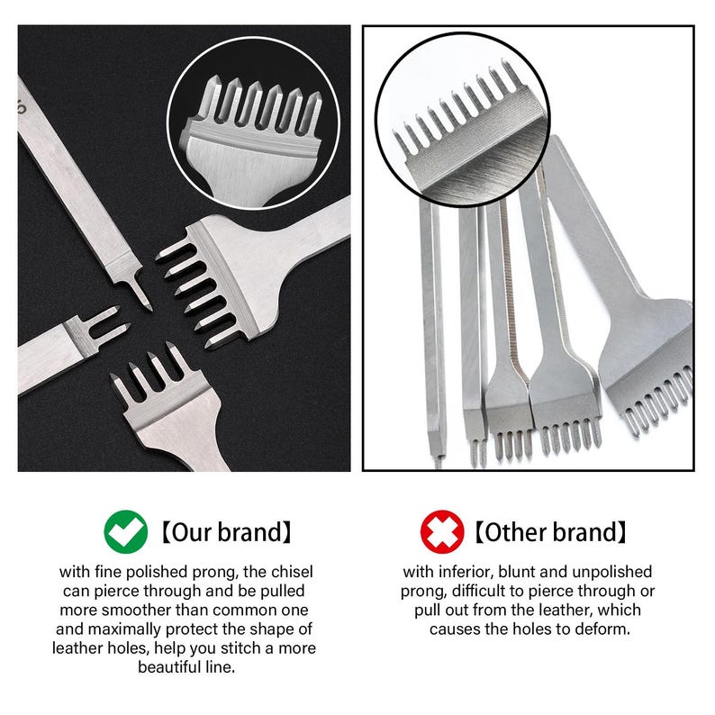 May include: A side-by-side comparison of two leather stitching tools. The tool on the left has a fine polished prong, while the tool on the right has a blunt and unpolished prong. The text "Our brand" and "Other brand" is displayed below each tool.