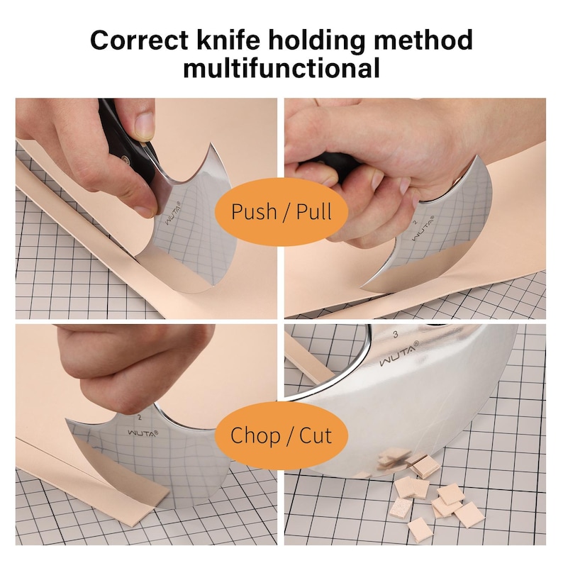 May include: A multifunctional knife with a curved blade is shown in use, demonstrating the "Push/Pull" and "Chop/Cut" methods. The knife is cutting through a light-colored material, with the text "Correct knife holding method multifunctional" at the top.