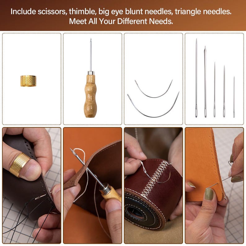 Może przedstawiać: Zestaw narzędzi do szycia sk&oacute;ry, w tym naparstek, igły i igły zakrzywione. Narzędzia są pokazane w użyciu do szycia sk&oacute;ry.