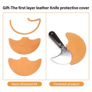 May include: Image shows a leather knife protective cover. On the left, a semi-finished kit with cut leather pieces. On the right, a finished product with a knife inside. The text reads "Gift-The first layer leather Knife protective cover."