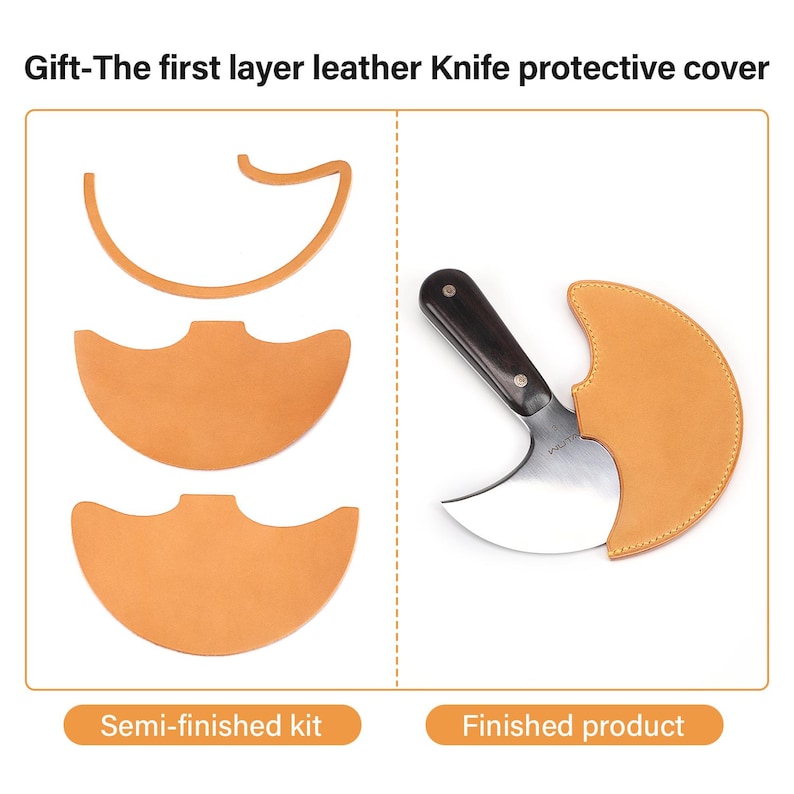 May include: Image shows a leather knife protective cover. On the left, a semi-finished kit with cut leather pieces. On the right, a finished product with a knife inside. The text reads "Gift-The first layer leather Knife protective cover."