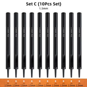 May include: Set of ten black leather hole punches, each with a 1.5mm diameter hole. The punches are labeled "1.5mm PVD".