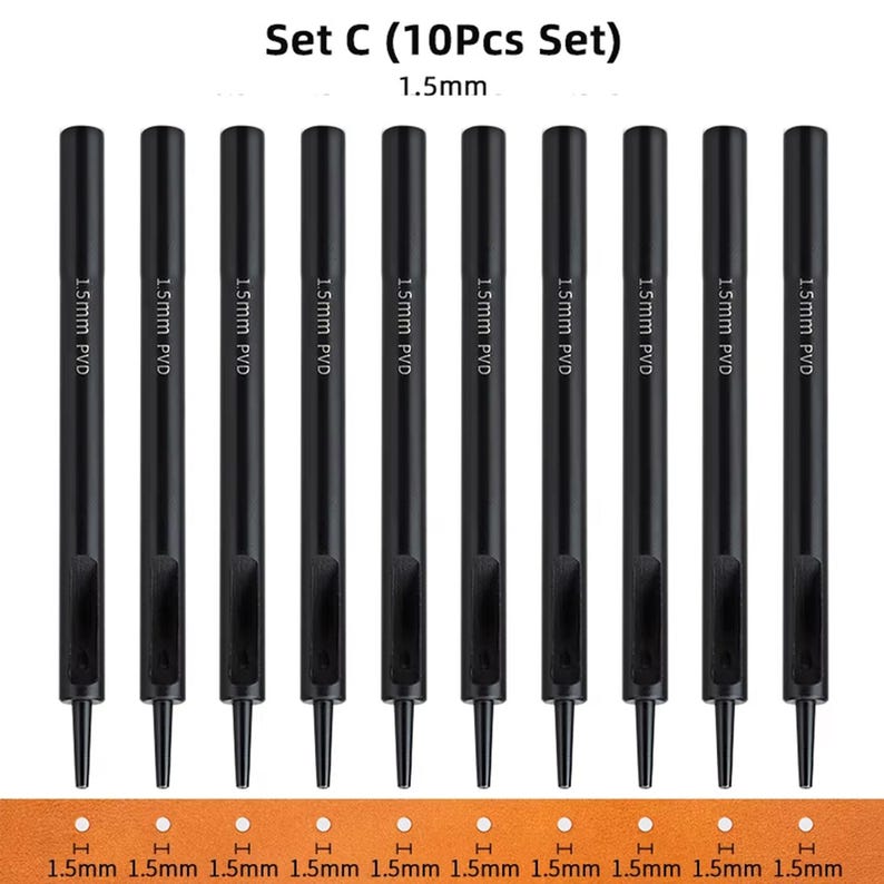 May include: Set of ten black leather hole punches, each with a 1.5mm diameter hole. The punches are labeled "1.5mm PVD".