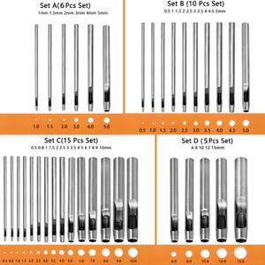 May include: Four sets of metal hole punch tools with different sizes. Set A includes six punches ranging from 1 to 5 mm. Set B includes ten punches ranging from 0.5 to 5 mm. Set C includes fifteen punches ranging from 0.5 to 10 mm. Set D includes five punches ranging from 6 to 15 mm.