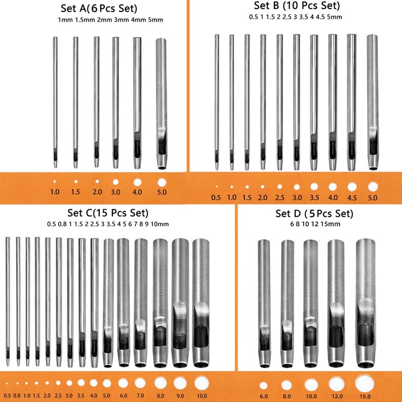 May include: Four sets of metal hole punch tools with different sizes. Set A includes six punches ranging from 1 to 5 mm. Set B includes ten punches ranging from 0.5 to 5 mm. Set C includes fifteen punches ranging from 0.5 to 10 mm. Set D includes five punches ranging from 6 to 15 mm.