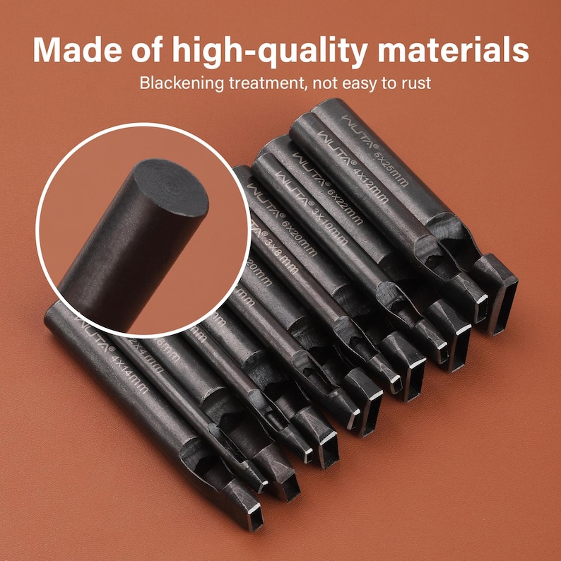 May include: A set of dark gray metal leathercraft tools. The tools have rectangular cutting ends and are labeled with sizes. The image includes the text "Made of high-quality materials" and "Blackening treatment, not easy to rust".