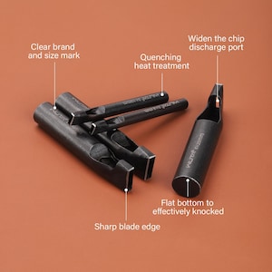 May include: A collection of black leathercraft tools, including punches, with a sharp blade edge and a flat bottom. The tools have a clear brand and size mark, and are designed with a widened chip discharge port. The tools have undergone quenching heat treatment.
