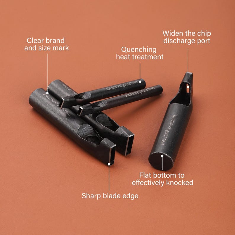 May include: A collection of black leathercraft tools, including punches, with a sharp blade edge and a flat bottom. The tools have a clear brand and size mark, and are designed with a widened chip discharge port. The tools have undergone quenching heat treatment.