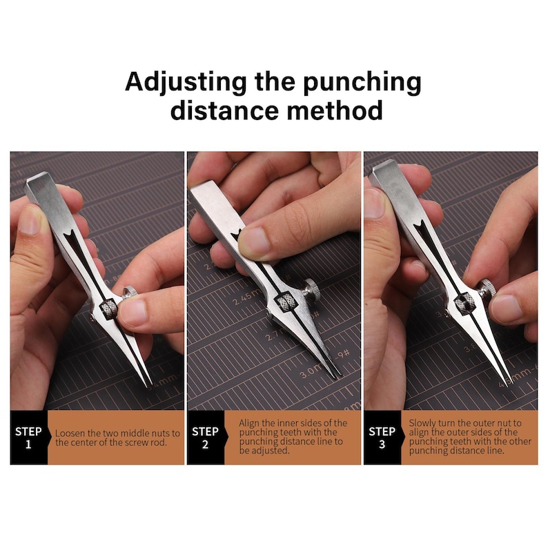 May include: A three-step guide on how to adjust the punching distance of a metal tool. The tool has two adjustable nuts and a ruler marked in millimeters. Step 1: Loosen the two middle nuts to the center of the screw rod. Step 2: Align the inner sides of the punching teeth with the punching distance line to be adjusted. Step 3: Slowly turn the outer nut to align the outer sides of the punching teeth with the other punching distance line.