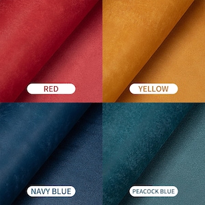 May include: A square image showcasing four swatches of fabric in different colors. The colors are red, yellow, navy blue, and peacock blue. Each swatch has a label with its corresponding color name in white text.