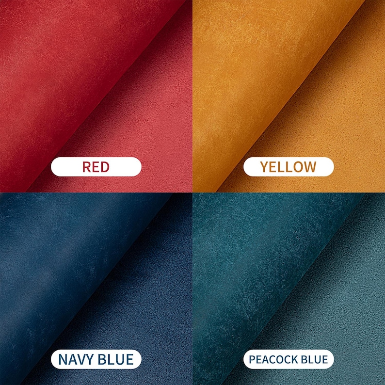 May include: A square image showcasing four swatches of fabric in different colors. The colors are red, yellow, navy blue, and peacock blue. Each swatch has a label with its corresponding color name in white text.