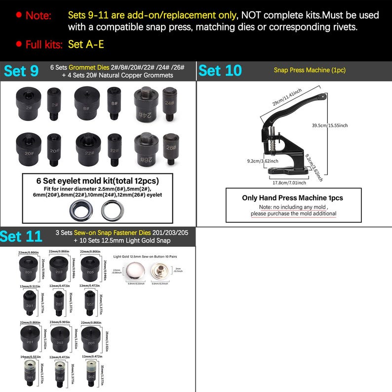 Op de afbeelding: Een productpresentatie met diverse metalen matrijzen, grommets en een drukknoopmachine. De afbeelding bevat gedetailleerde afmetingen in centimeters en een opmerking over add-on kits. De sets bevatten oogvormkits en opnaaibare drukknoopmatrijzen.