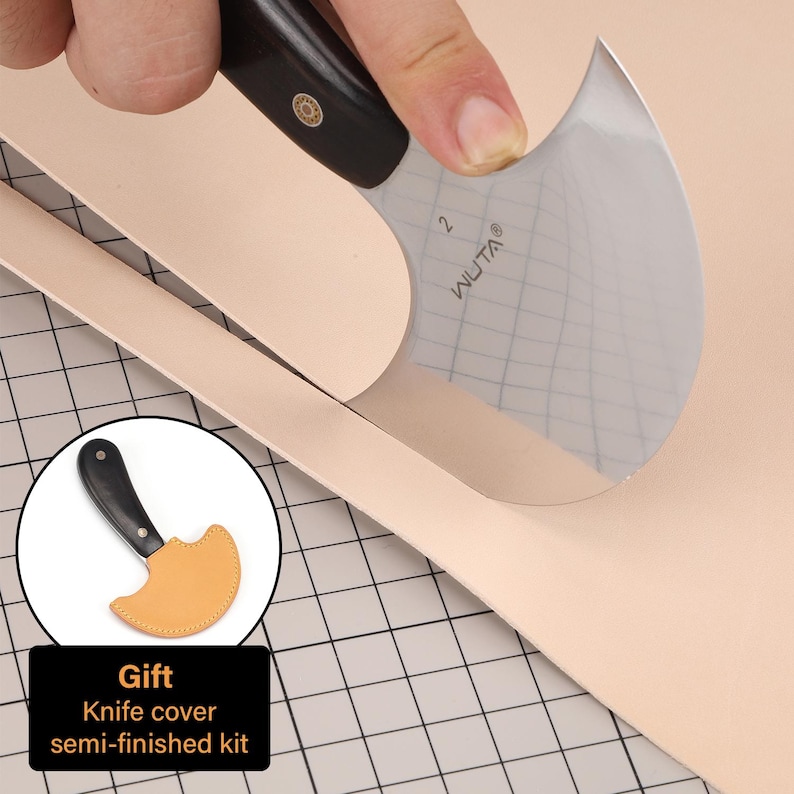 May include: A leathercraft knife with a curved blade is cutting a piece of light tan leather. The knife has a black handle and the blade is marked with the word "WUTA". A small knife cover is included in the image, with the text "Gift Knife cover semi-finished kit".