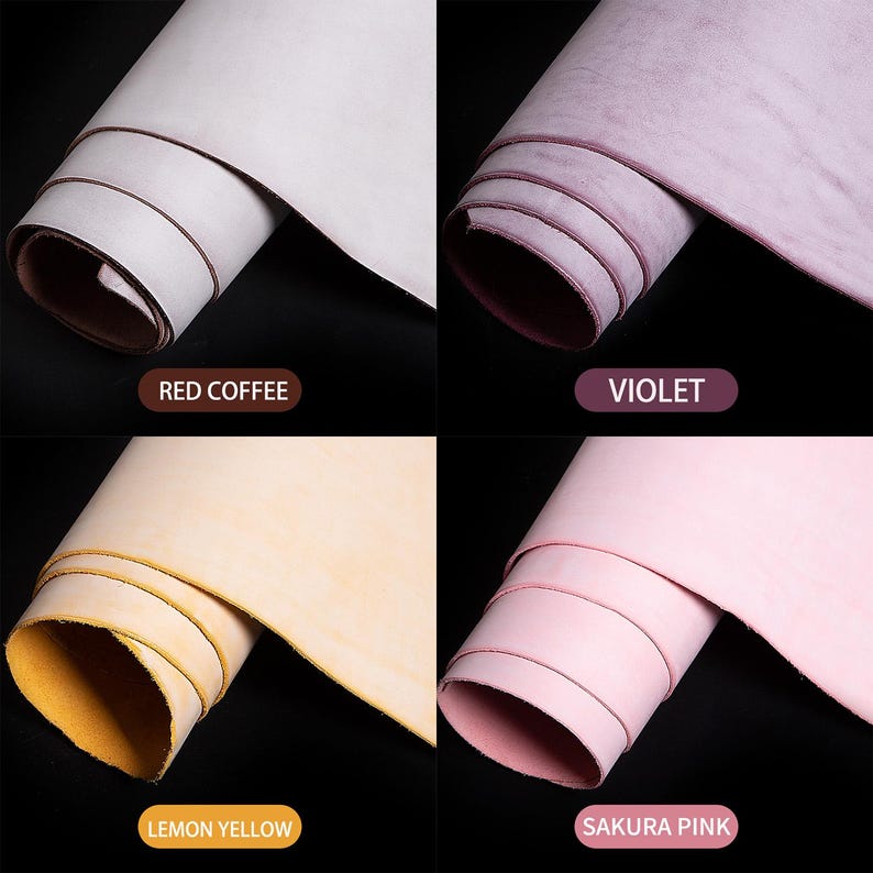 May include: Four rolls of coloured leather, including Red Coffee, Violet, Lemon Yellow, and Sakura Pink. The tightly rolled leather displays its texture and colour variations. The background is black, accentuating the vibrant hues of the leather.