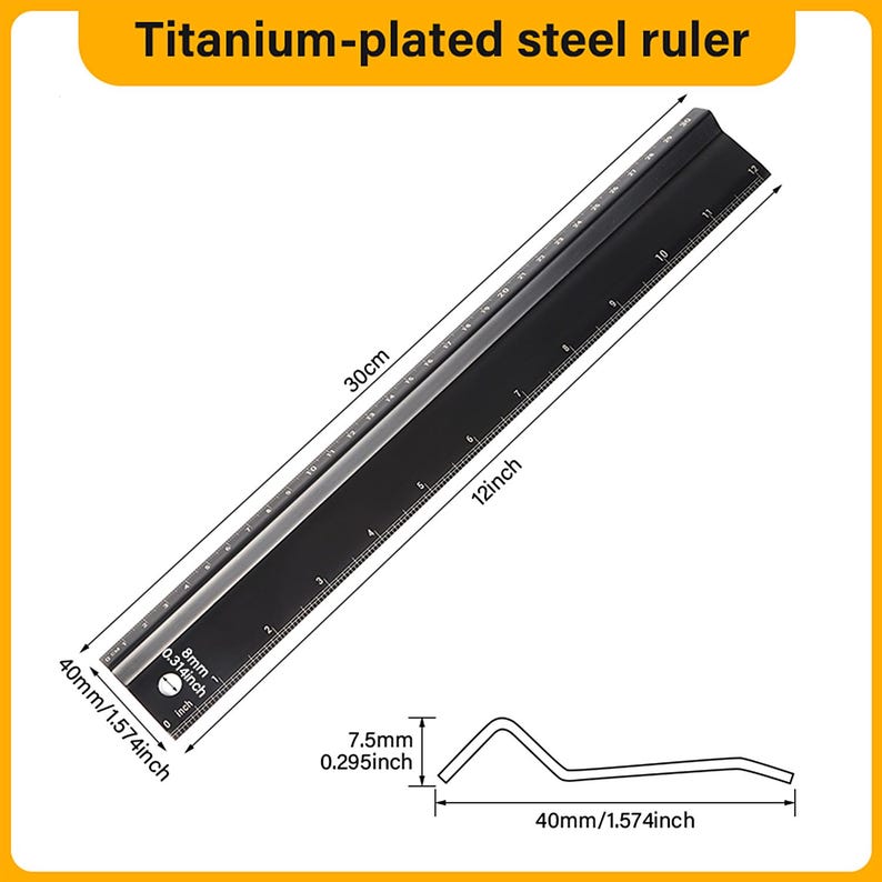 May include: A black titanium-plated steel ruler with markings in inches and centimeters. The ruler is 12 inches or 30 centimeters long. The ruler is shown with a close-up of the end, showing the markings in both inches and millimeters.