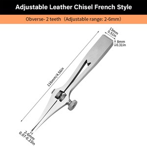 May include: A silver adjustable leather chisel with two teeth. The chisel is 4.56 inches long and has an adjustable range of 0.07 to 0.23 inches. The chisel is designed for use with leather.