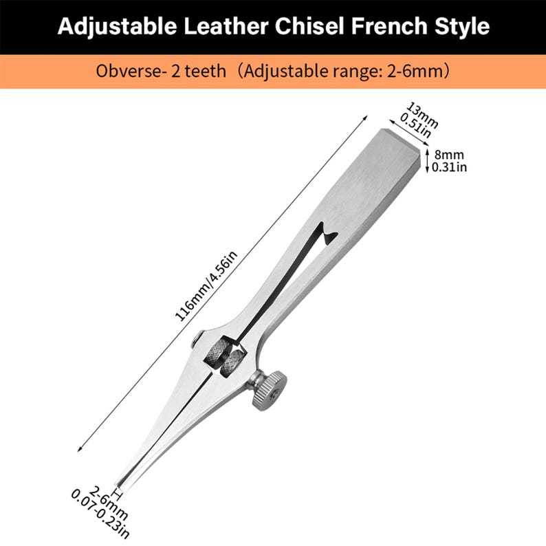 May include: A silver adjustable leather chisel with two teeth. The chisel is 4.56 inches long and has an adjustable range of 0.07 to 0.23 inches. The chisel is designed for use with leather.