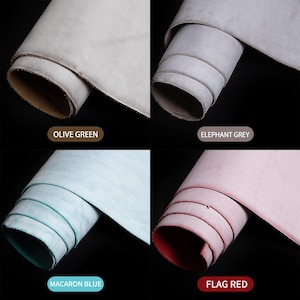 May include: Four rolls of coloured leather: olive green, elephant grey, macaron blue, and flag red. Each roll is tightly wound, showing the underside colour. The labels below each roll identify the colour.