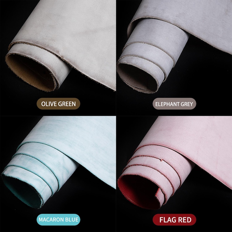 May include: Four rolls of coloured leather: olive green, elephant grey, macaron blue, and flag red. Each roll is tightly wound, showing the underside colour. The labels below each roll identify the colour.