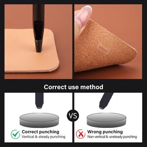 May include: Image showing the correct use of a leather punch tool. The top section shows the tool in use on a piece of tan leather. The bottom section illustrates correct and incorrect punching methods with the text "Correct use method".