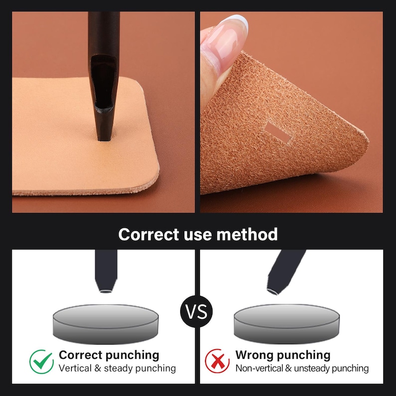 May include: Image showing the correct use of a leather punch tool. The top section shows the tool in use on a piece of tan leather. The bottom section illustrates correct and incorrect punching methods with the text "Correct use method".