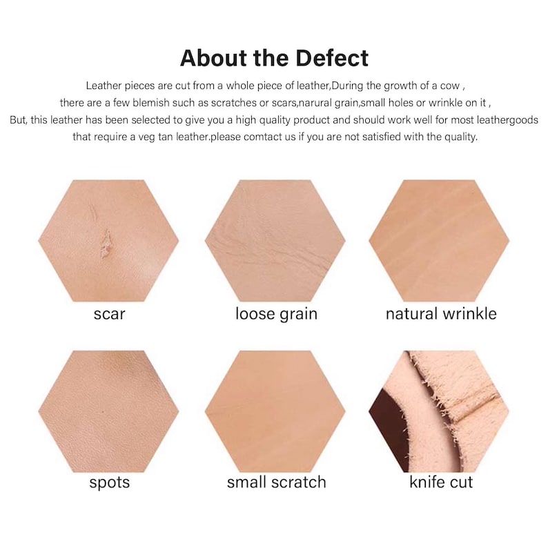 May include: Image showing leather defects: scar, loose grain, natural wrinkle, spots, small scratch, and knife cut. Text explains these are natural blemishes. The text also states the leather is high quality and suitable for veg tan leather goods.