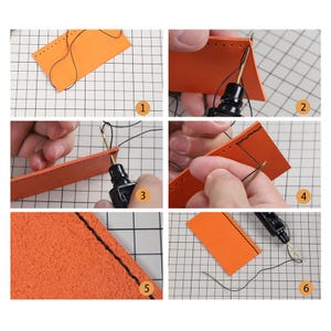 May include: Six steps showing how to use a leather stitching tool. The tool is black with a gold needle. The leather is orange and has pre-punched holes for stitching. The tool is used to pull the thread through the holes in the leather.