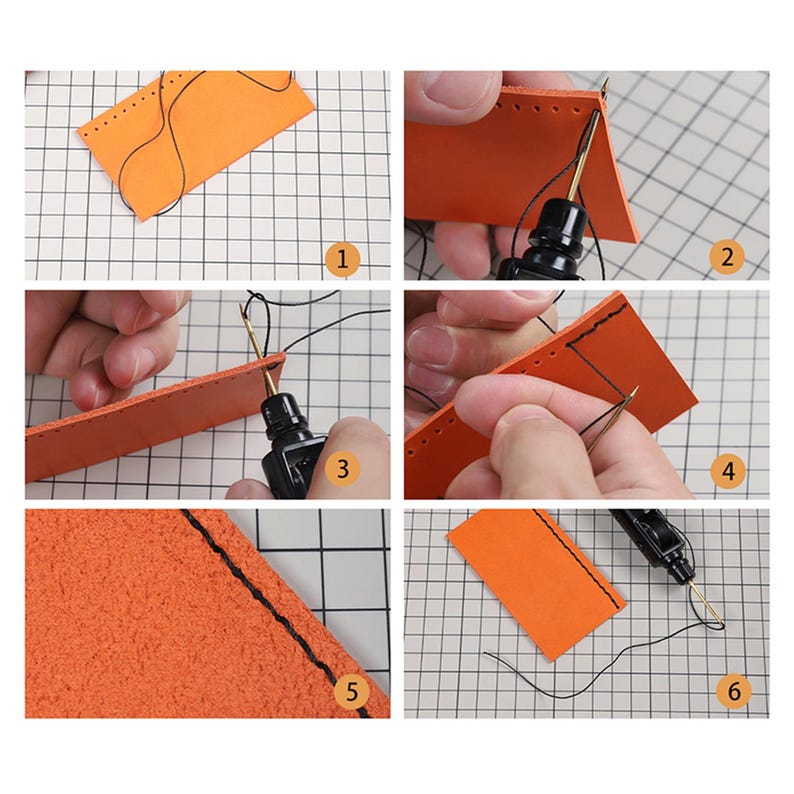 May include: Six steps showing how to use a leather stitching tool. The tool is black with a gold needle. The leather is orange and has pre-punched holes for stitching. The tool is used to pull the thread through the holes in the leather.
