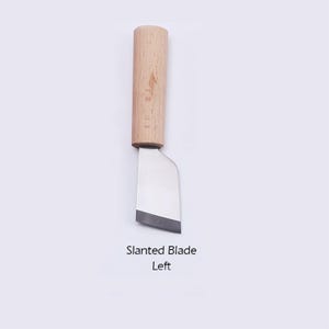 May include: A small, wooden-handled knife with a slanted blade. The blade is angled to the left.