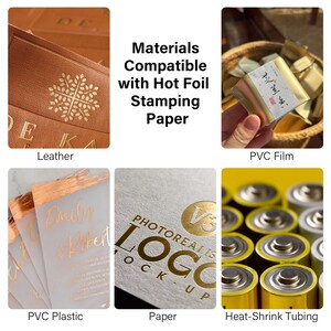 May include: Image showcasing materials compatible with hot foil stamping paper. Includes leather, PVC film, PVC plastic, paper, and heat-shrink tubing. The image also shows examples of the finished product.