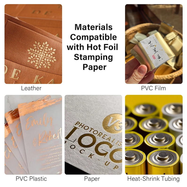 May include: Image showcasing materials compatible with hot foil stamping paper. Includes leather, PVC film, PVC plastic, paper, and heat-shrink tubing. The image also shows examples of the finished product.