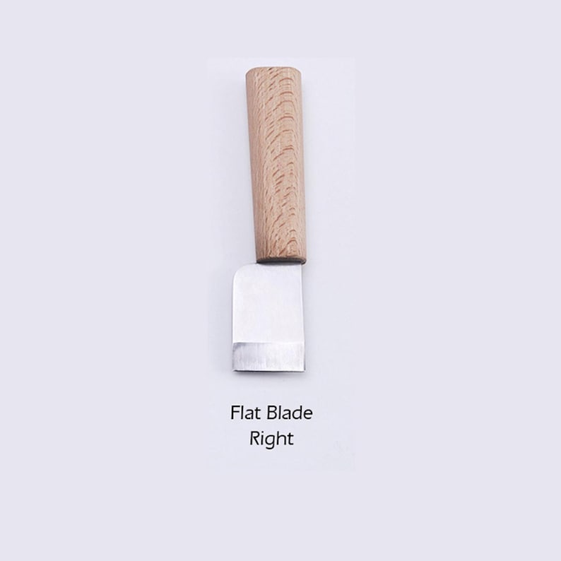 May include: A small, flat blade knife with a wooden handle. The blade is made of stainless steel and has a slight curve. The handle is made of light brown wood and has a smooth finish. The knife is labeled "Flat Blade Right".