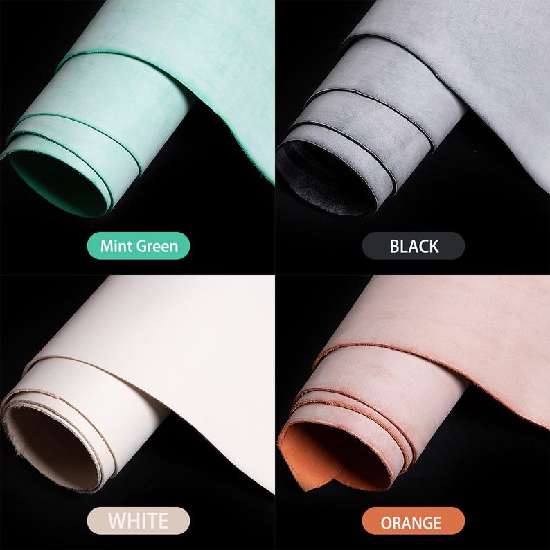 May include: Four rolls of leather in mint green, black, white, and orange. Each roll is tightly wound, showcasing the material's texture and colour variations. The labels below each roll read "Mint Green", "BLACK", "WHITE", and "ORANGE".