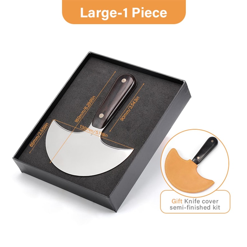 May include: A large, single-piece leathercraft knife with a curved blade, a dark wooden handle, and a protective leather sheath. The knife measures 6.29 inches in length and 5.1 inches in width. The text "Gift Knife cover semi-finished kit" is visible.
