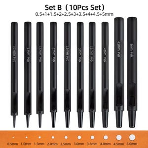 May include: Set of ten black leather hole punch tools with different sizes ranging from 0.5mm to 5mm. The tools are labeled with their size and PVD coating. The image also shows the size of the holes that each tool creates.