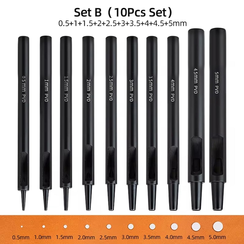May include: Set of ten black leather hole punch tools with different sizes ranging from 0.5mm to 5mm. The tools are labeled with their size and PVD coating. The image also shows the size of the holes that each tool creates.