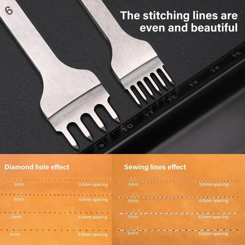 May include: Two leather stitching tools with different sized prongs. The tools are shown next to a ruler with markings in millimeters. The image also shows examples of stitching effects on leather with different spacing between the stitches.
