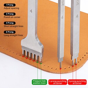 May include: Four leather stitching tools with different numbers of prongs. The tools are labeled 1 Prong, 2 Prong, 4 Prong, and 6 Prong. The tools are used to create different types of stitching patterns in leather.