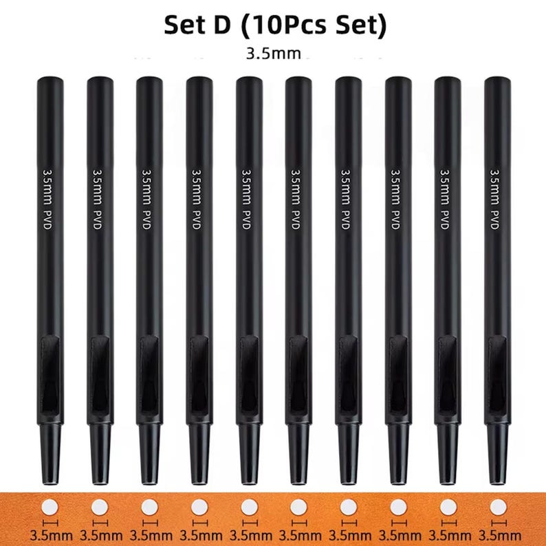 May include: Set of ten black leather hole punch tools, each with a 3.5mm diameter hole. The tools are arranged in a row on a brown surface. The text "Set D (10Pcs Set)" and "3.5mm" are visible above the tools.