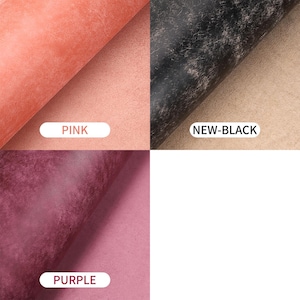 May include: A square image showcasing four fabric swatches in pink, new-black, and purple. The pink swatch is a light coral color. The new-black swatch has a distressed appearance. The purple swatch is a deep violet. Each swatch has a label with its color name.