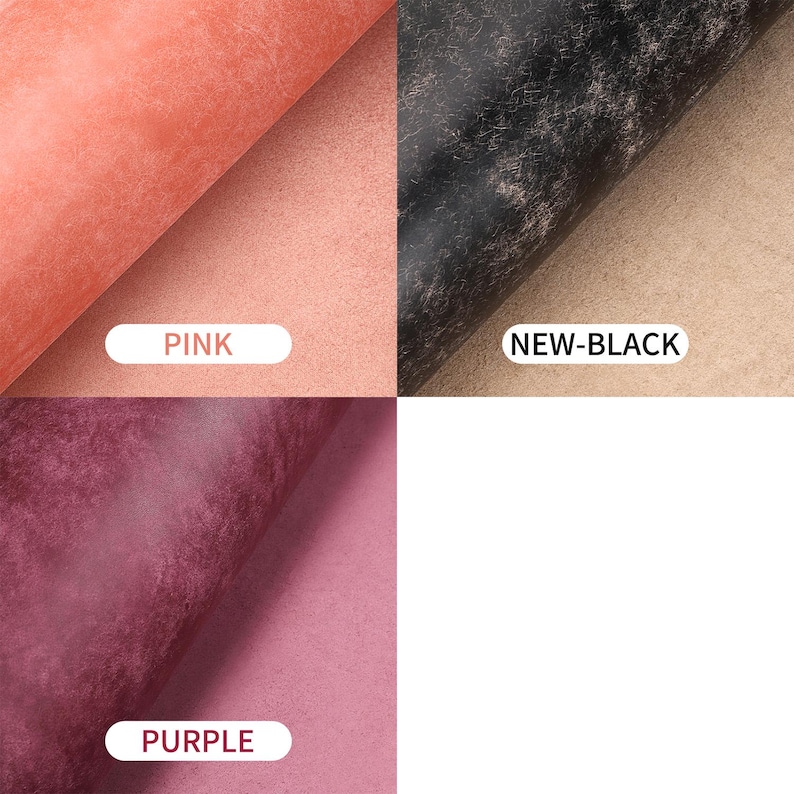 May include: A square image showcasing four fabric swatches in pink, new-black, and purple. The pink swatch is a light coral color. The new-black swatch has a distressed appearance. The purple swatch is a deep violet. Each swatch has a label with its color name.