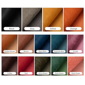 May include: A collection of fabric swatches in various colors, including black, gray, yellow, orange, golden brown, brown, navy blue, peacock blue, purple, coffee, red, olive green, and dark green. Each swatch is labeled with its color name.