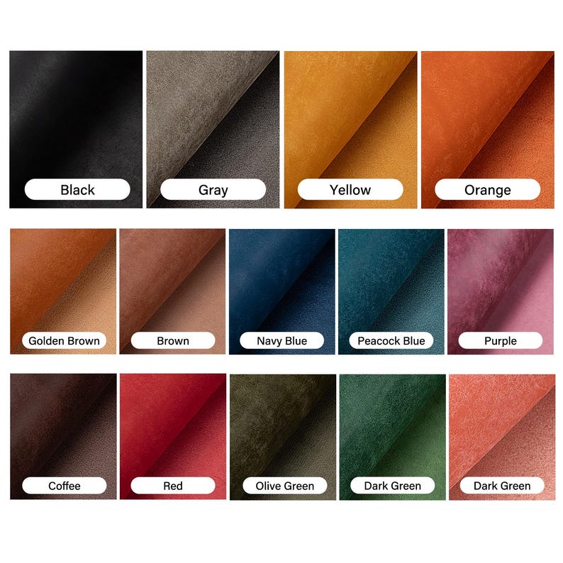 May include: A collection of fabric swatches in various colors, including black, gray, yellow, orange, golden brown, brown, navy blue, peacock blue, purple, coffee, red, olive green, and dark green. Each swatch is labeled with its color name.