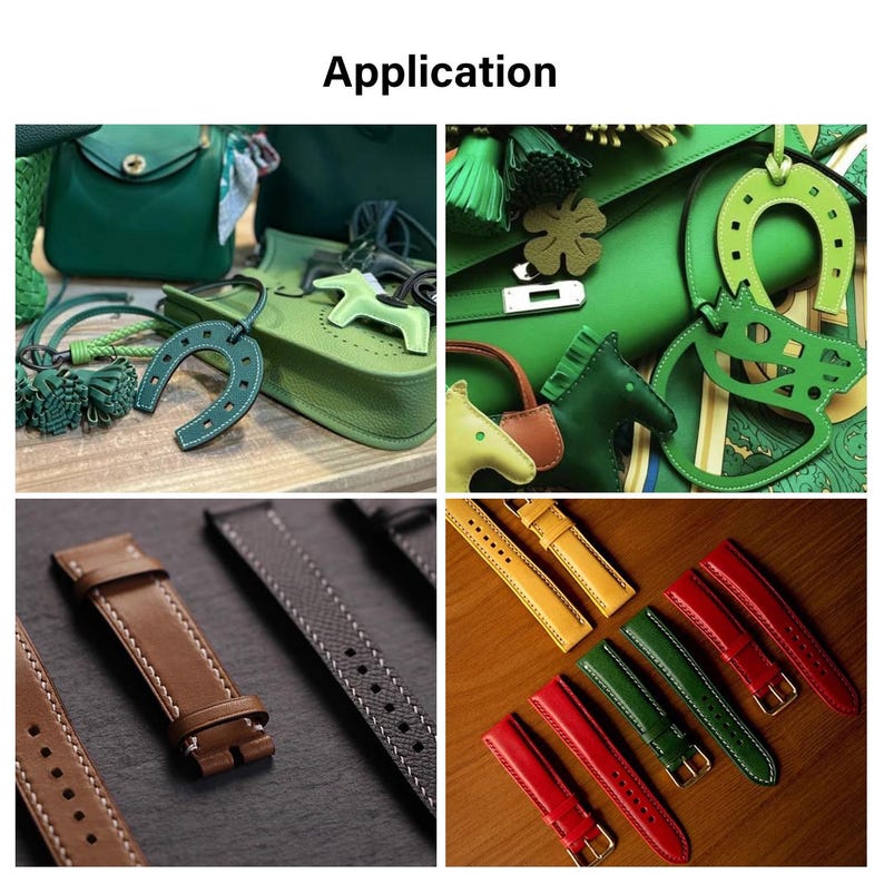 May include: A close-up of various leather goods, including handbags, keychains, and watch straps. The items are in shades of green, brown, and red. The image is titled "Application".