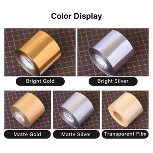 May include: Color display of metallic foil rolls in bright gold, bright silver, matte gold, matte silver, and transparent film. Each roll is labeled with its color name. The image is set against a brown grid background.